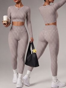 StreetHx Women's Round Neck Plaid Long Sleeve Top And High Waist Leggings Casual Daily Sports Set - Brown - View 2