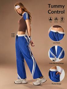 VARSIVA Women's Casual Athletic Capri Blue Checkered Colorblock Drawstring Waist Sports Long Pants Gym Workout Fall - Multicolor - View 2