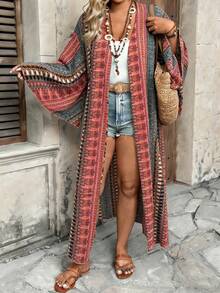 Ceyna Long Kimono Sleeve Random Print Plus Size Boho Casual Elegant Woven Fabric Coat With Split Detail Holiday Vacation Fall Going Out Party Moss Rose - Yellow - View 7