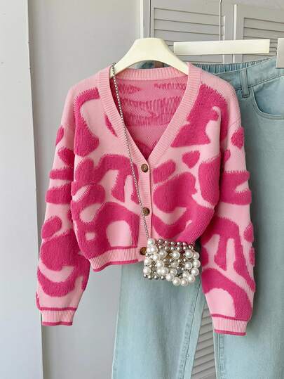 SHEIN Tween GirlsCardigans, Designed Jacquard V-Neck Sweater, Knitted Cardigan, Comfortable And Soft, Pink And Color-Block, All-Match Versatile, Sweet Casual Minimalist, Suitable For Autumn And Winter, Travel, Outings, Parties, Outdoor Play, Picnic