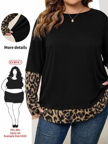 SHEIN CURVE+ 大尺碼女款條紋拼接圓領長袖休閒寬鬆T恤，黑色，適合秋季假期、正式場合與辦公室穿著 - 彩色 - 查看 1