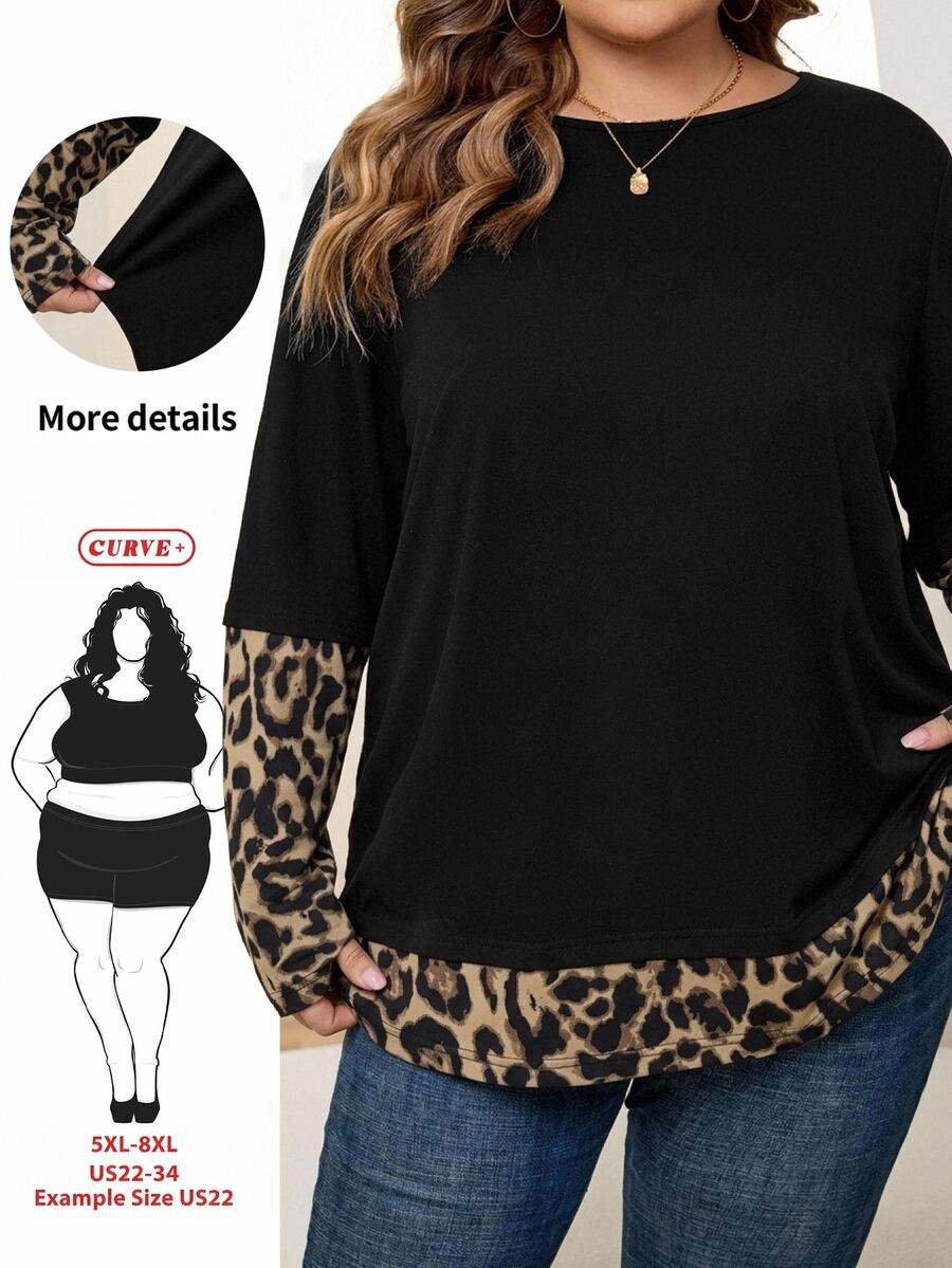 SHEIN CURVE+ 大尺碼女款條紋拼接圓領長袖休閒寬鬆T恤,黑色,適合秋季假期、正式場合與辦公室穿著 - 彩色 - 查看 1