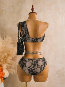 SHEIN Swim 女款夏季海灘蕾絲單肩性感比基尼三角褲兩件式泳衣套裝 - 黑色 - 查看 2