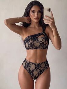 SHEIN Swim 女款夏季海灘蕾絲單肩性感比基尼三角褲兩件式泳衣套裝 - 黑色 - 查看 1