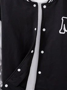 SHEIN Vacaura Tween Boy Letter Print Black And White Contrast Color Baseball Collar Jacket And Pants 2 Piece Outfit Set, Athletic Cool School Back-To-School Autumn - Black - View 8