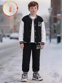 SHEIN Vacaura Tween Boy Letter Print Black And White Contrast Color Baseball Collar Jacket And Pants 2 Piece Outfit Set, Athletic Cool School Back-To-School Autumn - Black - View 2