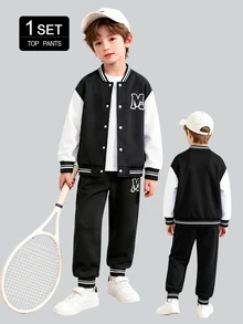 SHEIN Vacaura Tween Boy Letter Print Black And White Contrast Color Baseball Collar Jacket And Pants 2 Piece Outfit Set, Athletic Cool School Back-To-School Autumn - Black - View 5