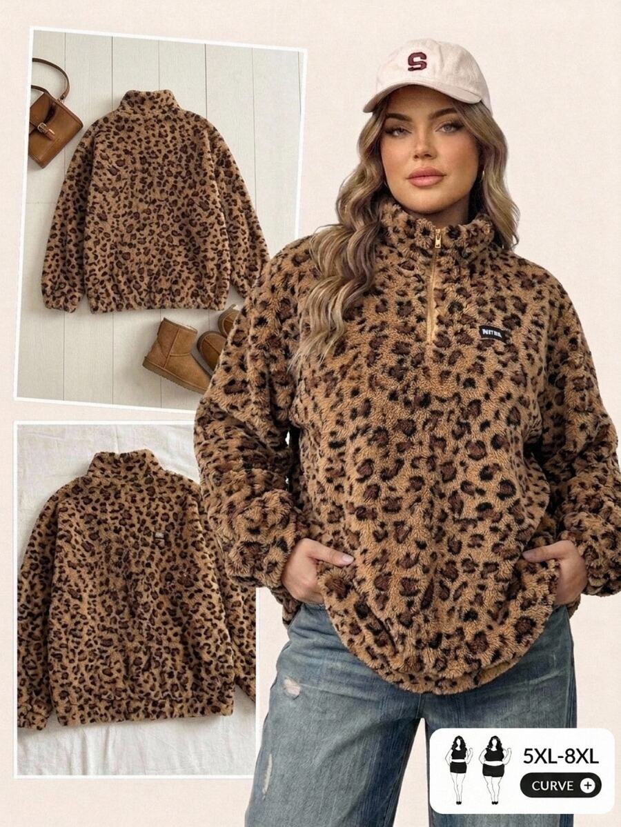 SHEIN CURVE+ Plus Size Women's Letter Print Leopard Print Casual Pullover Sweatshirt Winter - Black - View 1