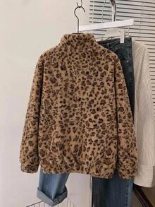 SHEIN CURVE+ 大尺碼女款字母印花豹紋休閒套頭運動衫 冬季 - 黑色 - 查看 4