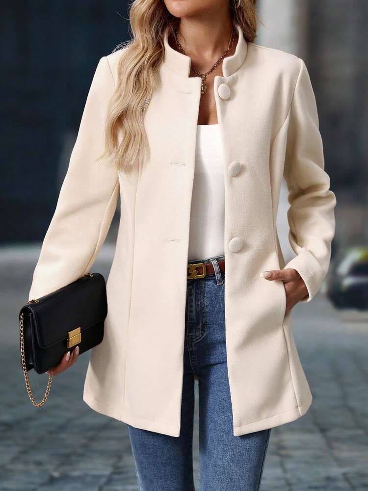 Yalmera Women's Solid Color Stand Collar Long Sleeve Single Breasted Elegant Overcoat, Autumn/Winter Fall Cloth For Women ,Petite Women - Khaki - View 3