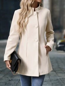 SHEIN Clasi 女款純色立領長袖單排扣優雅大衣，秋冬女款外套，適合嬌小女性 - 卡其色 - 查看 6
