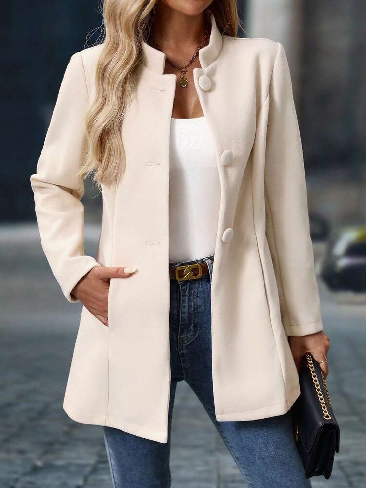 Yalmera Women's Solid Color Stand Collar Long Sleeve Single Breasted Elegant Overcoat, Autumn/Winter Fall Cloth For Women ,Petite Women - Khaki - View 1