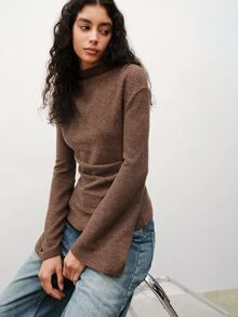 Maija Knitted Top, Autumn/Winter, Bell Sleeve, Ruched, Slim Fit, Holiday - Brown - View 8