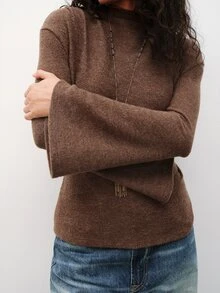Maija Knitted Top, Autumn/Winter, Bell Sleeve, Ruched, Slim Fit, Holiday - Brown - View 2
