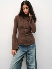 Maija Knitted Top, Autumn/Winter, Bell Sleeve, Ruched, Slim Fit, Holiday - Brown - View 6