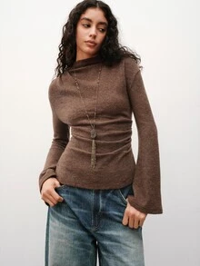 Maija Knitted Top, Autumn/Winter, Bell Sleeve, Ruched, Slim Fit, Holiday - Brown - View 1