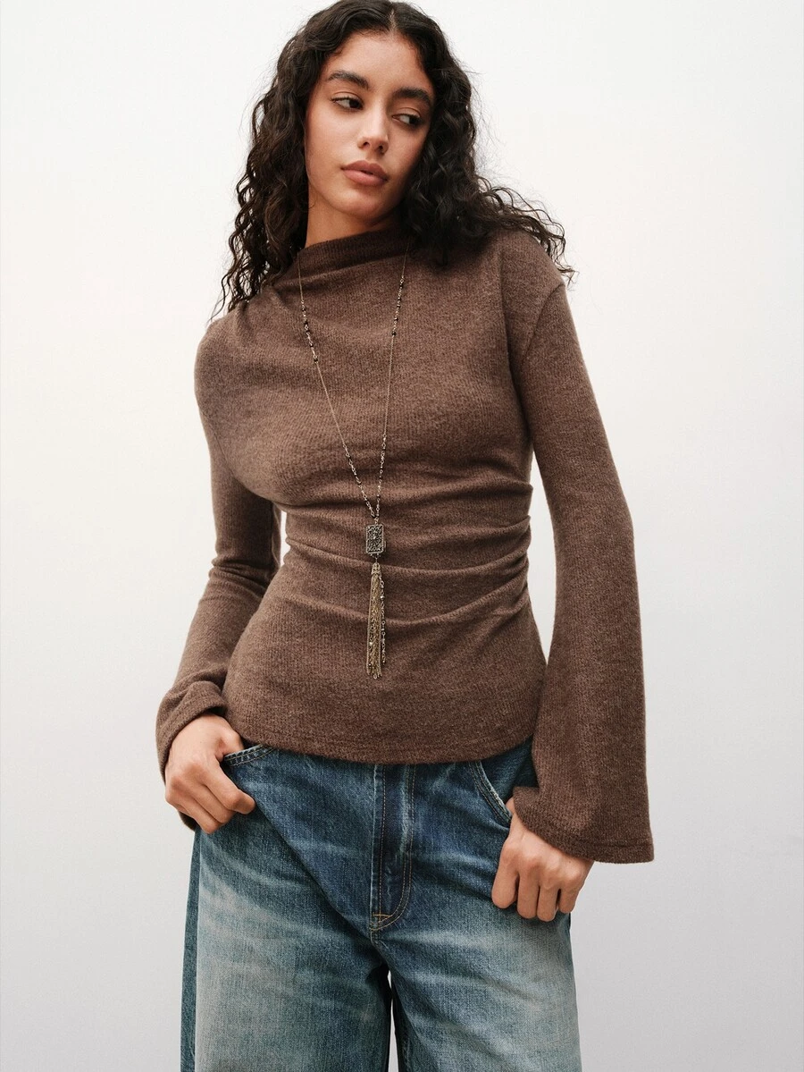 Maija Knitted Top, Autumn/Winter, Bell Sleeve, Ruched, Slim Fit, Holiday - Brown - View 1