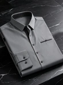 DAZY Halloween 1 Pack Men's Gray Stretch Fabric Long Sleeve Shirt Striped Decor Pocket Slim Fit Smart Casual Business Shirt Spring Fall Office Daily Wear - Grey - View 3