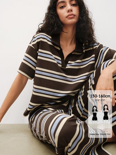 SHEIN Maija Petite Bộ 2 món nữ kẻ sọc nâu & xanh, áo sweatshirt dài tay thể thao & quần dài kẻ sọc, phong cách thường ngày đô thị mùa thu/đông