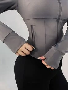 DAZY 女款韓式風格灰色連帽修身顯瘦休閒甜美健身短版開襟運動夾克外套，適合春夏/秋冬 - 灰色 - 查看 3