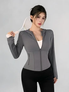 DAZY 女款韓式風格灰色連帽修身顯瘦休閒甜美健身短版開襟運動夾克外套，適合春夏/秋冬 - 灰色 - 查看 1