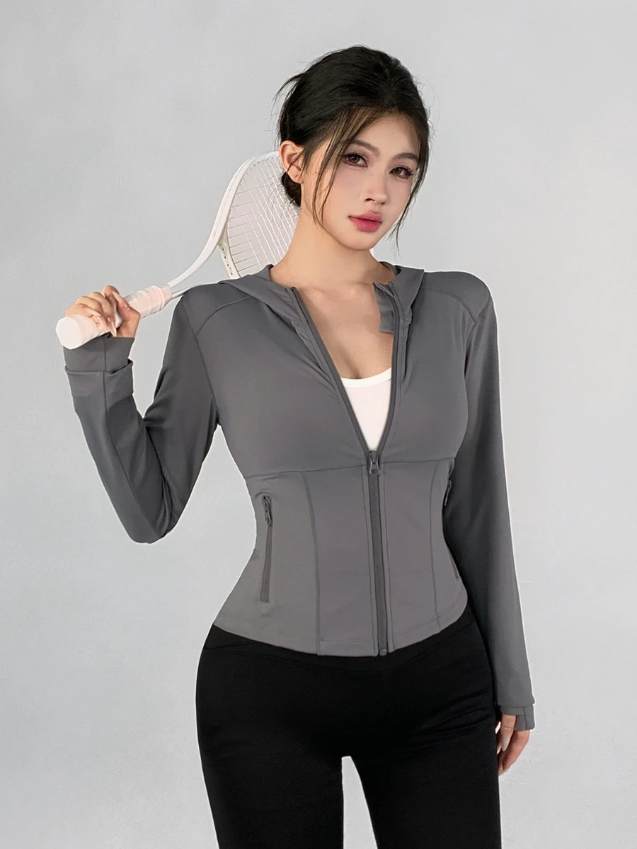 DAZY 女款韓式風格灰色連帽修身顯瘦休閒甜美健身短版開襟運動夾克外套,適合春夏/秋冬 - 灰色 - 查看 1