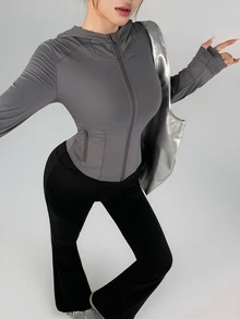 DAZY 女款韓式風格灰色連帽修身顯瘦休閒甜美健身短版開襟運動夾克外套，適合春夏/秋冬 - 灰色 - 查看 6