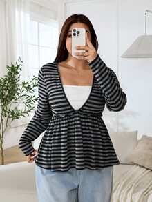 Solflare Plus Size Korean Style Striped Color Block 2 In 1 T-Shirt Fall - Multicolor - View 4