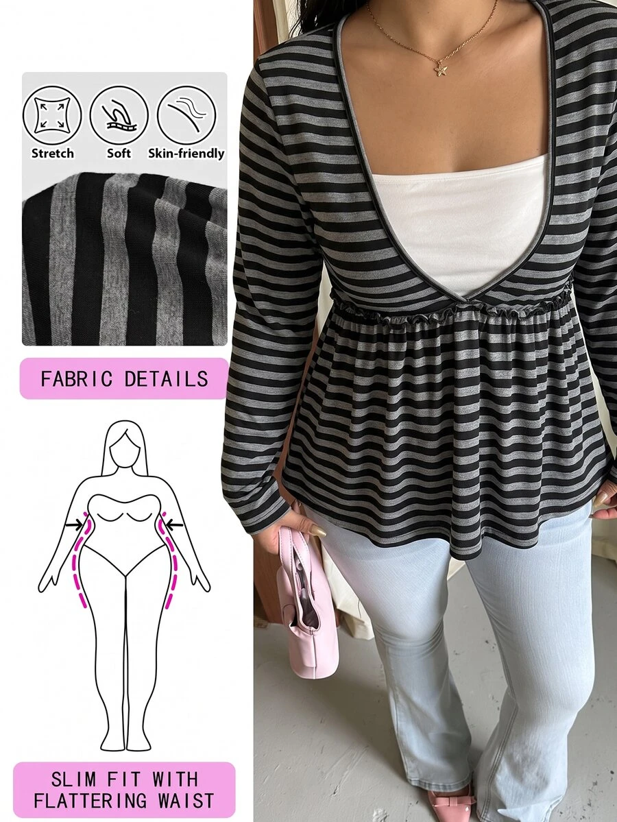 Solflare Plus Size Korean Style Striped Color Block 2 In 1 T-Shirt Fall - Multicolor - View 1