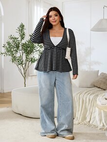 Solflare Plus Size Korean Style Striped Color Block 2 In 1 T-Shirt Fall - Multicolor - View 5