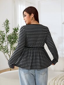 Solflare Plus Size Korean Style Striped Color Block 2 In 1 T-Shirt Fall - Multicolor - View 2