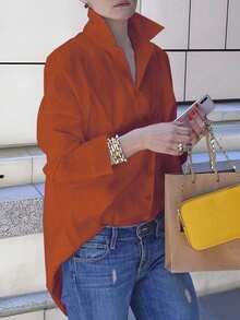 EMERY ROSE Casual Commuter Versatile Minimalist Solid Color Shirt Fall Cloth For Women - Brown - View 1