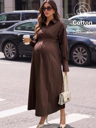 MaterniWear Lapel Long Sleeve Single-Breasted Solid Color Maternity Dress Fall