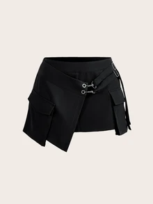 SHEIN ICON 不對稱拼接3D口袋低腰迷你裙 - 黑色 - 查看 2