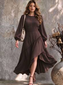 Ceyna Deep Brown Round Neck Lantern Long Sleeve Dress, High Waist Slimming Asymmetrical Layered Ruffle Hem, Party Brunch Thanksgiving Elegant Plus Size Fall - Brown - View 5