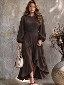 Ceyna Deep Brown Round Neck Lantern Long Sleeve Dress, High Waist Slimming Asymmetrical Layered Ruffle Hem, Party Brunch Thanksgiving Elegant Plus Size Fall - Brown - View 1