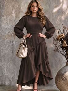 Ceyna Deep Brown Round Neck Lantern Long Sleeve Dress, High Waist Slimming Asymmetrical Layered Ruffle Hem, Party Brunch Thanksgiving Elegant Plus Size Fall - Brown - View 4