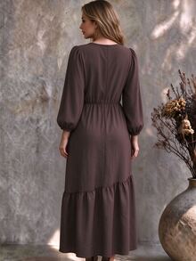 Ceyna Deep Brown Round Neck Lantern Long Sleeve Dress, High Waist Slimming Asymmetrical Layered Ruffle Hem, Party Brunch Thanksgiving Elegant Plus Size Fall - Brown - View 2