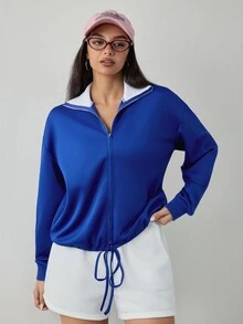Dewbera Dewbera Sweatshirt Olahraga Lengan Panjang Wanita dengan Resleting dan Tali Serut, Gaya Streetwear - Royal Blue - View 3