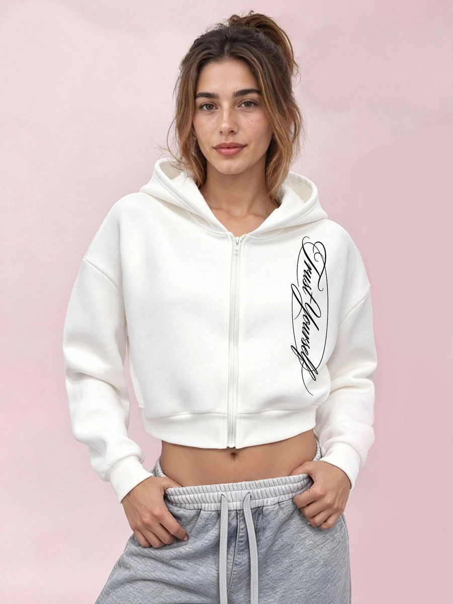 Sovereign Charm Sovereign Charm Women's Letter Print Cropped Zip-Up Sports Sweatshirt - Beige - View 1