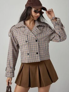 Dewbera Dewbera Women's Vintage Plaid Trench Coat Jacket, Fashionable Large Lapel Design, Double-Breasted, Versatile For Commuting And Daily Wear - Multicolor - View 7