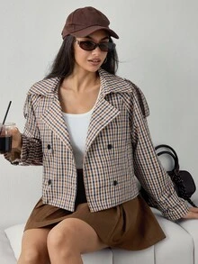 Dewbera Dewbera Women's Vintage Plaid Trench Coat Jacket, Fashionable Large Lapel Design, Double-Breasted, Versatile For Commuting And Daily Wear - Multicolor - View 6