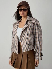 Dewbera Dewbera Women's Vintage Plaid Trench Coat Jacket, Fashionable Large Lapel Design, Double-Breasted, Versatile For Commuting And Daily Wear - Multicolor - View 3