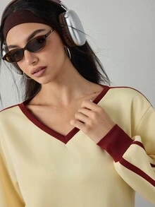 Dewbera Dewbera Women's Colorblock V-Neck Casual Daily Sports Sweatshirt - Yellow - View 4