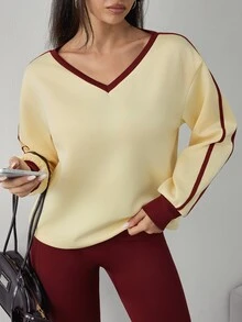 Dewbera Dewbera Women's Colorblock V-Neck Casual Daily Sports Sweatshirt - Yellow - View 5