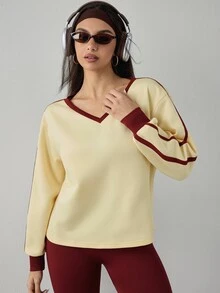 Dewbera Dewbera Women's Colorblock V-Neck Casual Daily Sports Sweatshirt - Yellow - View 3