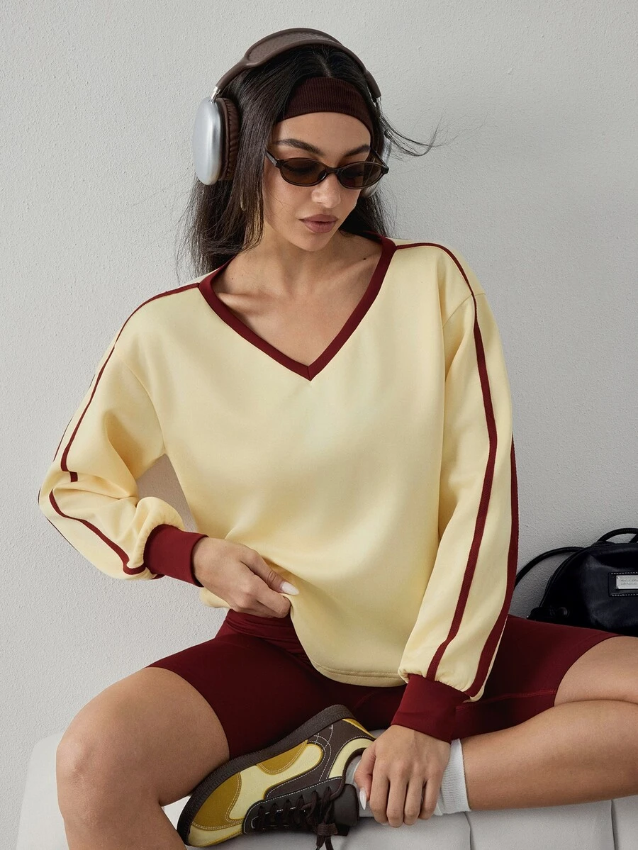 Dewbera Dewbera Women's Colorblock V-Neck Casual Daily Sports Sweatshirt - Yellow - View 1