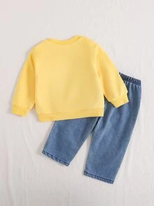 SHEIN 2件組幼童女童休閒可愛黃色3D蜜蜂與花朵裝飾長袖衛衣 + 刺繡牛仔褲韓系套裝，適合秋冬日常穿著 - 黃色 - 查看 2