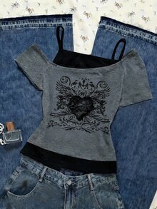 Tween Girls Casual 2 In 1 Streetwear T-Shirt,Cold Shoulder Short Sleeves,Graphic Prints,Gray,Summer,Grunge Punk Y2k,City Break School - Multicolor - View 4