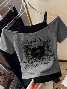 Tween Girls Casual 2 In 1 Streetwear T-Shirt,Cold Shoulder Short Sleeves,Graphic Prints,Gray,Summer,Grunge Punk Y2k,City Break School - Multicolor - View 2